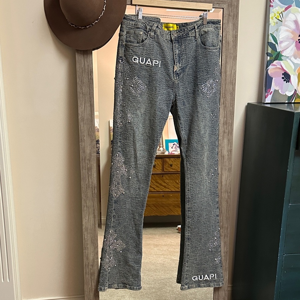 GUAPI vintage Blue Distressed Cross Denim Jeans